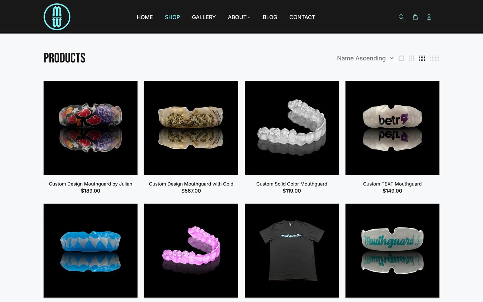 Mouthguard Shop product grid of custom-designed mouthguards, retainers and a shirt