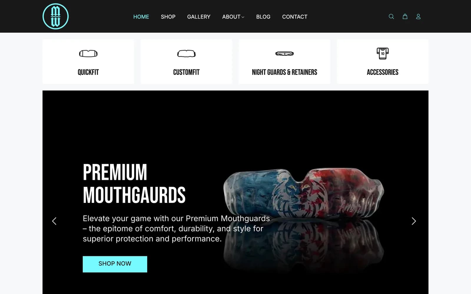 Mouthguard Shop homepage with QuickFit, CustomFit, Night Guards and Accessories tiles above a premium mouthguard banner