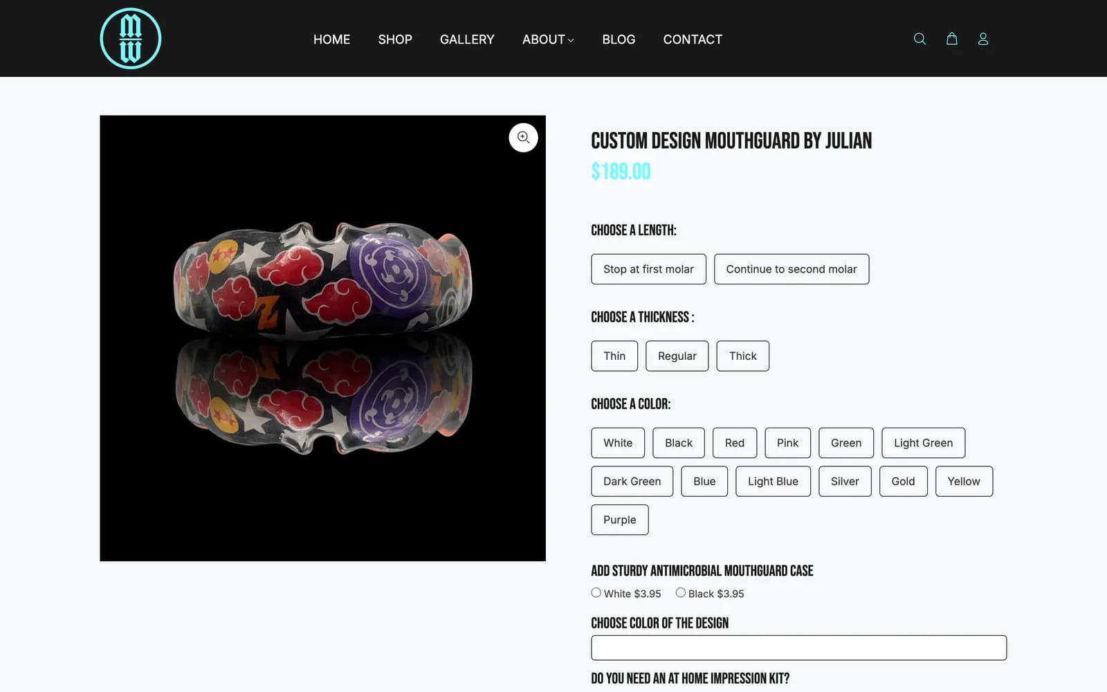 Custom Design Mouthguard by Julian product page with length, thickness and colour options and a case add-on