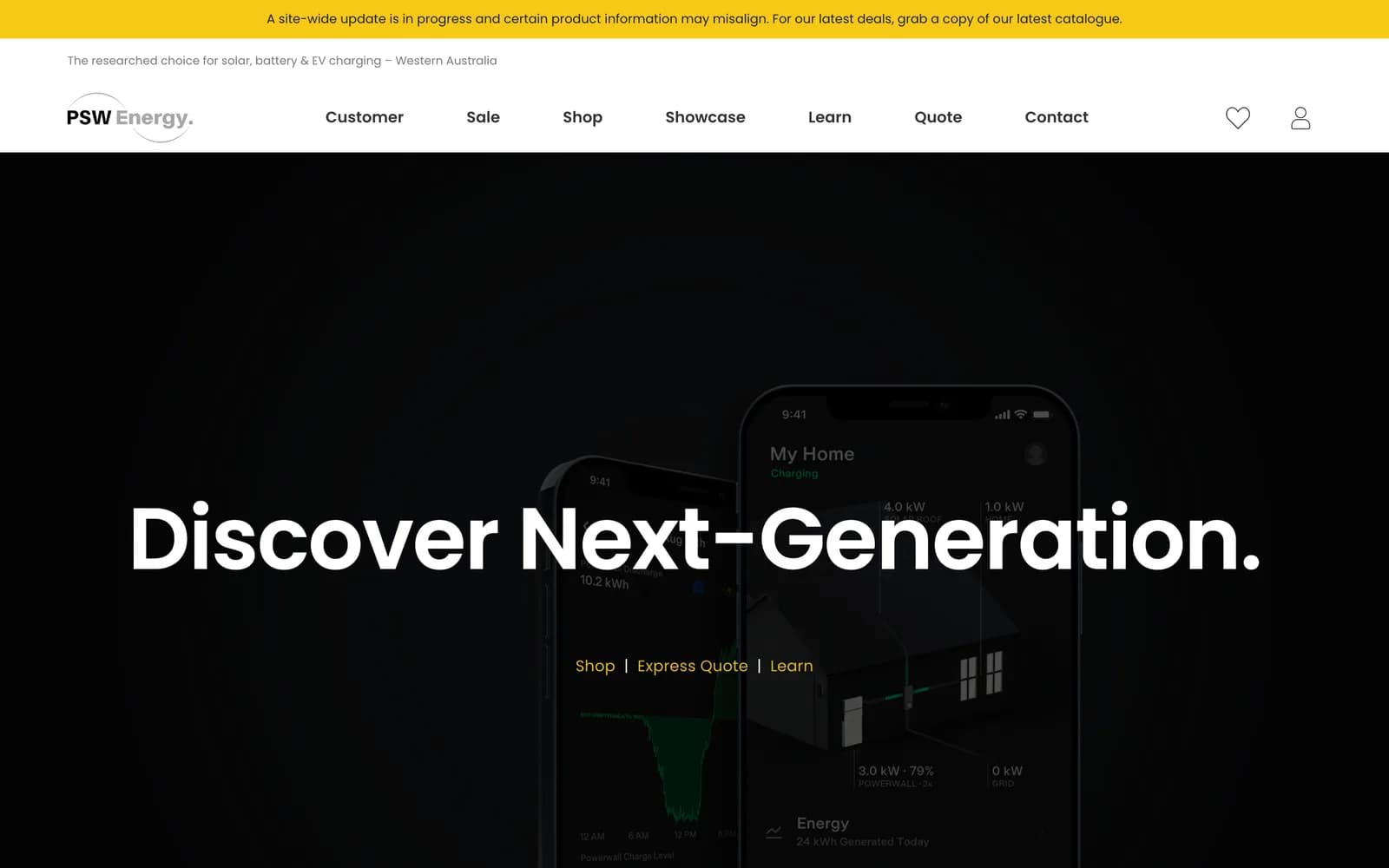 PSW Energy homepage with the headline Discover Next-Generation over a home energy app