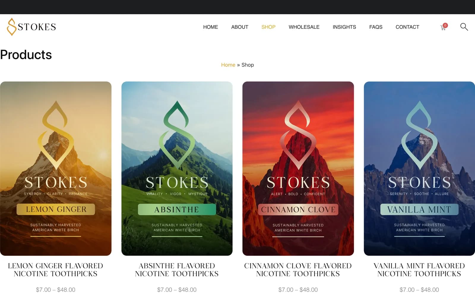 Stokes shop page showing four flavoured nicotine toothpick packs: Lemon Ginger, Absinthe, Cinnamon Clove and Vanilla Mint