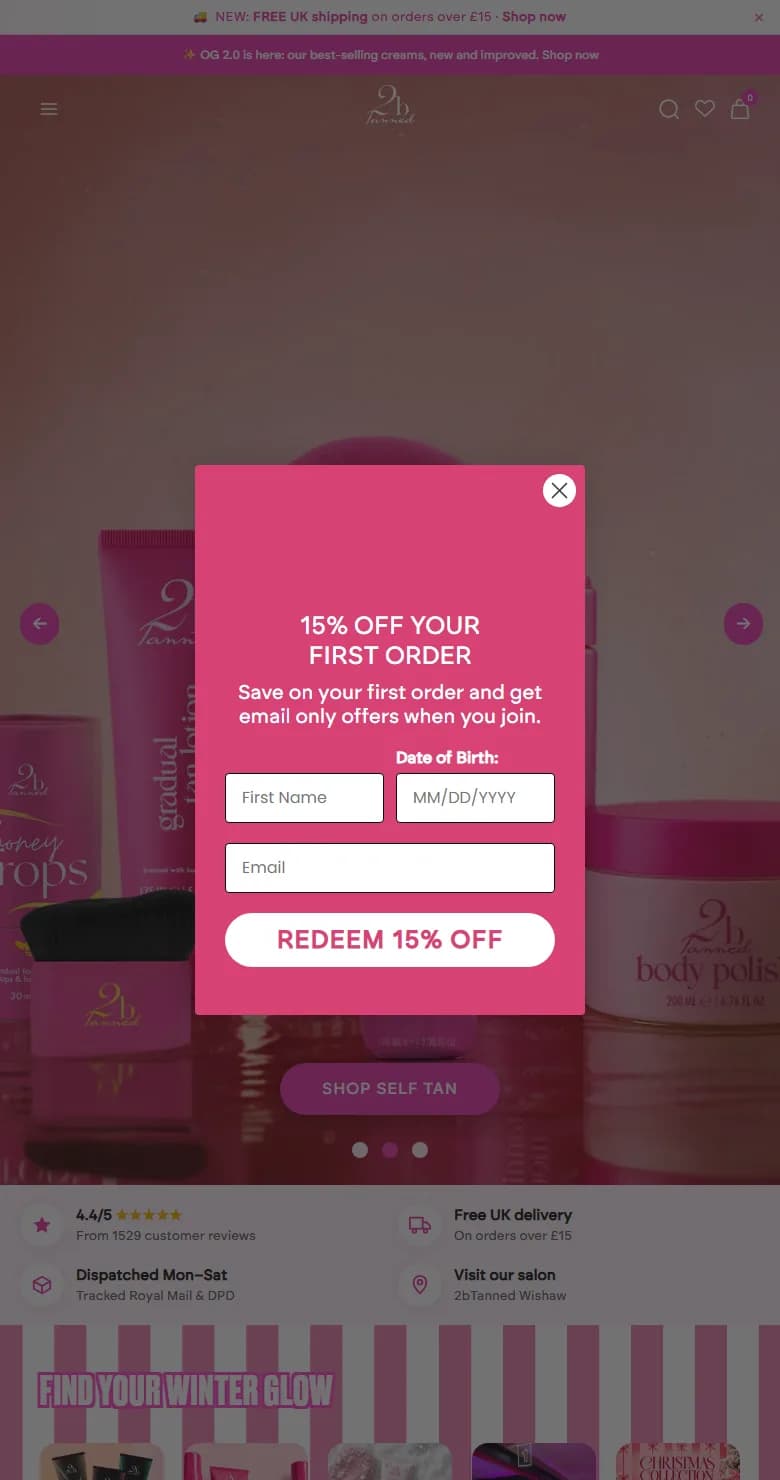 2bTanned homepage on a phone