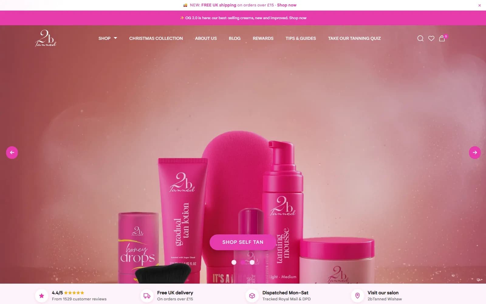 2bTanned homepage hero with pink self-tan products and a Shop Self Tan button above a trust bar of reviews and free UK delivery