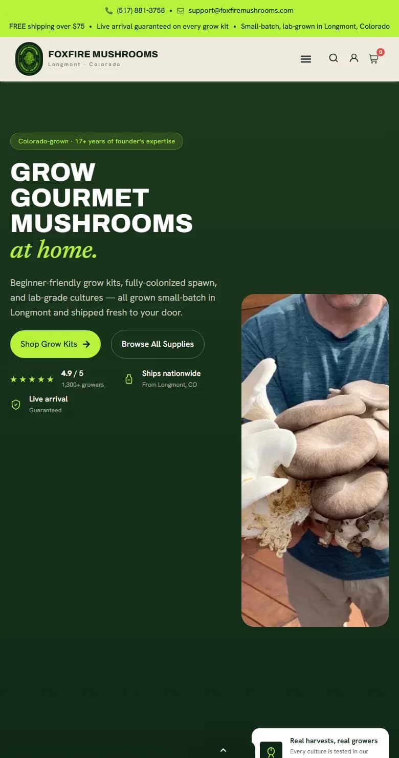 Foxfire Mushrooms homepage on a phone