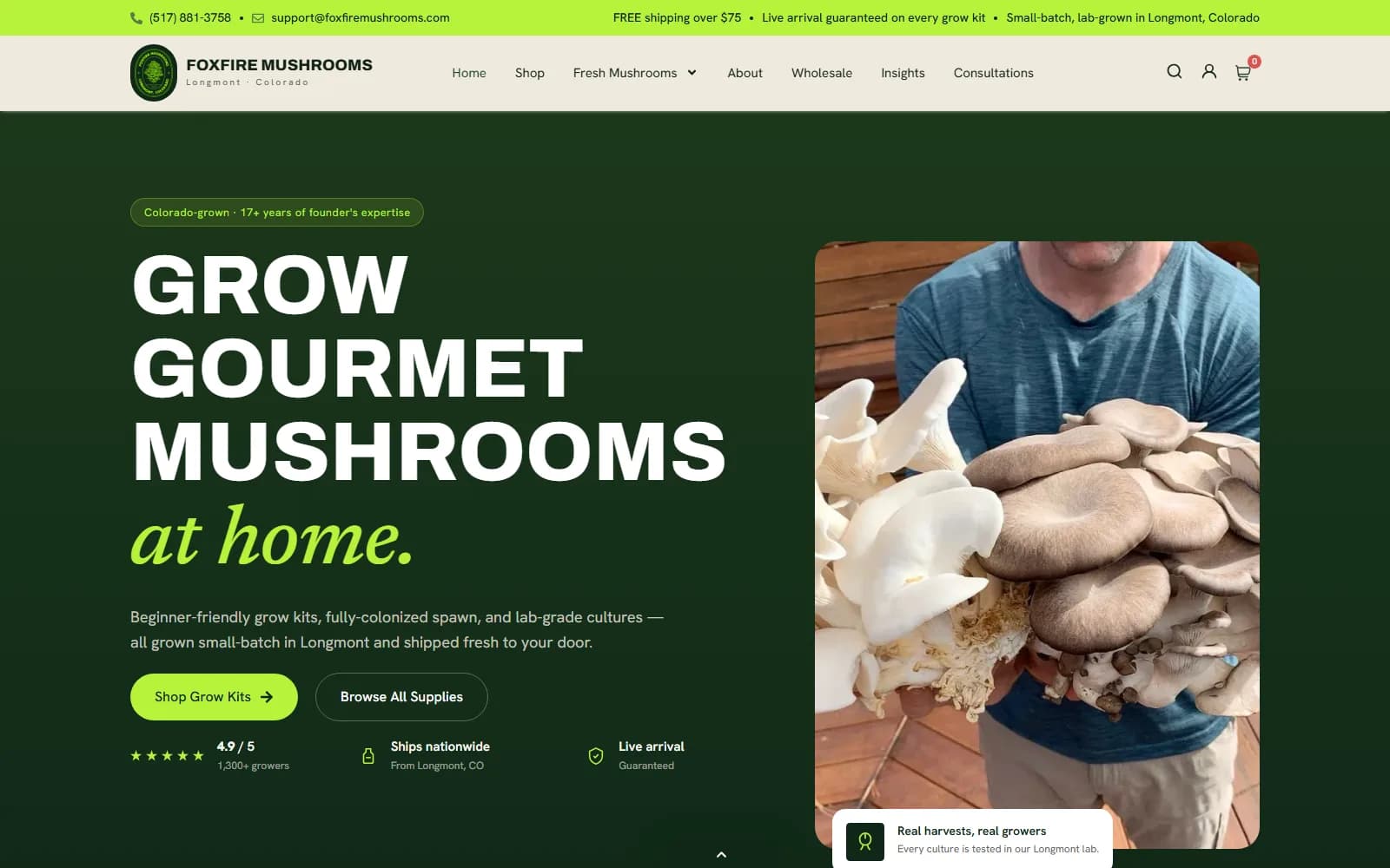 Foxfire Mushrooms homepage with Grow gourmet mushrooms at home headline and a grower holding oyster mushroom clusters