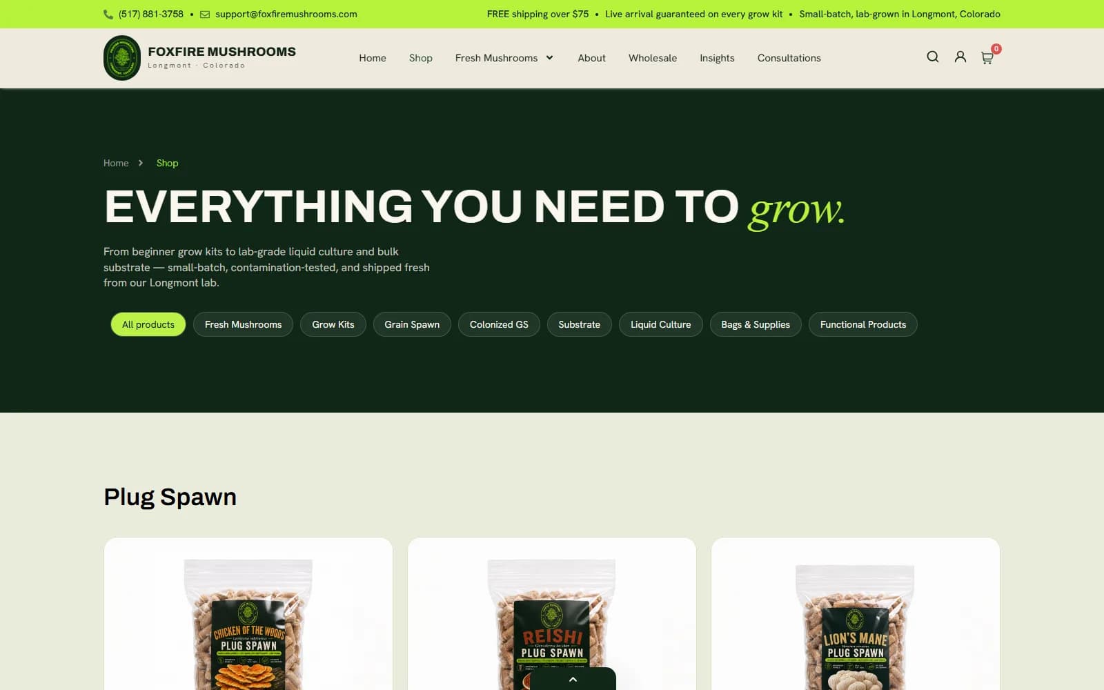 Foxfire Mushrooms shop page showing plug spawn, growing kits and colonized grain products