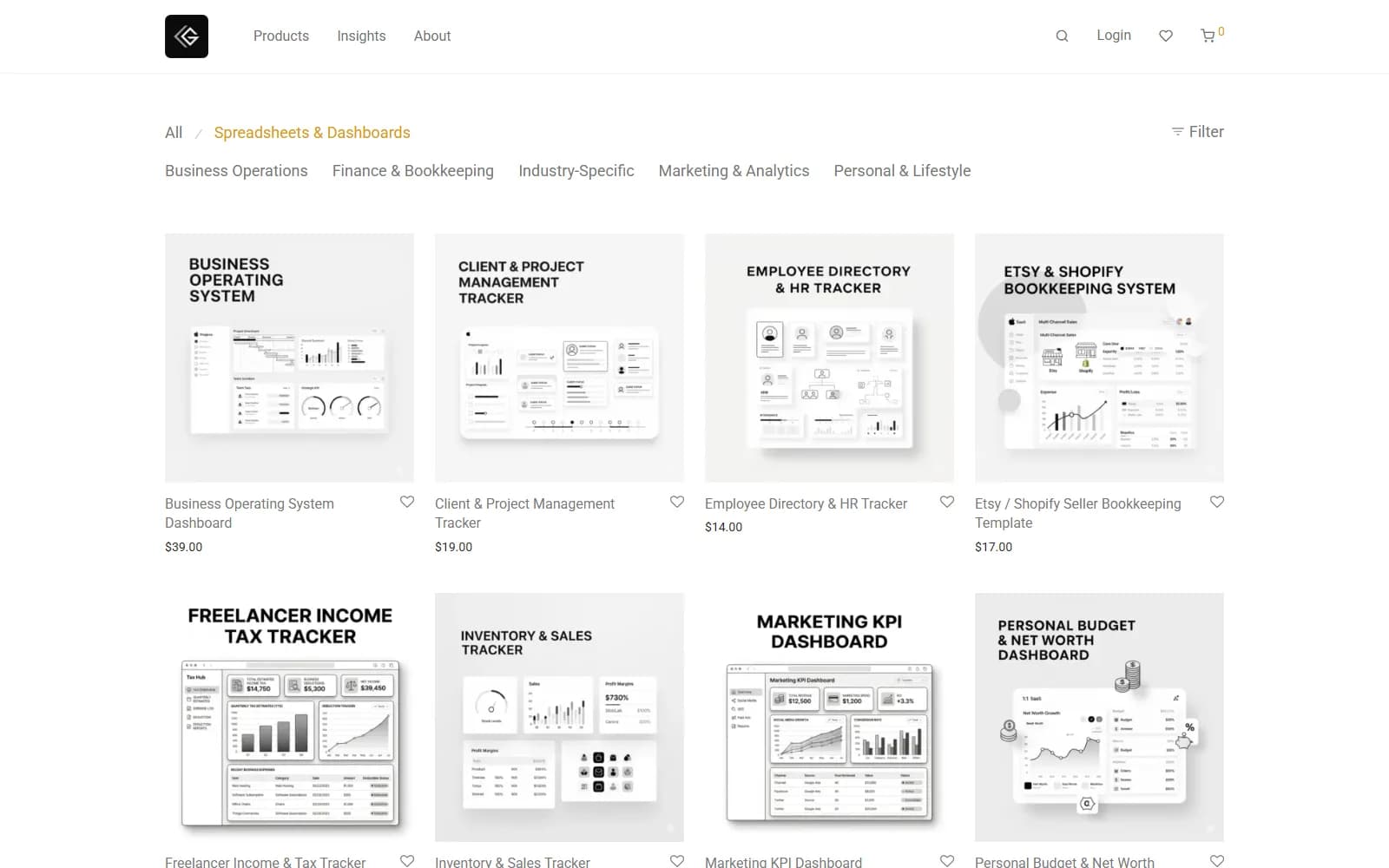 Gigaware spreadsheets and dashboards category listing templates such as Business Operating System Dashboard and Client Project Management Tracker