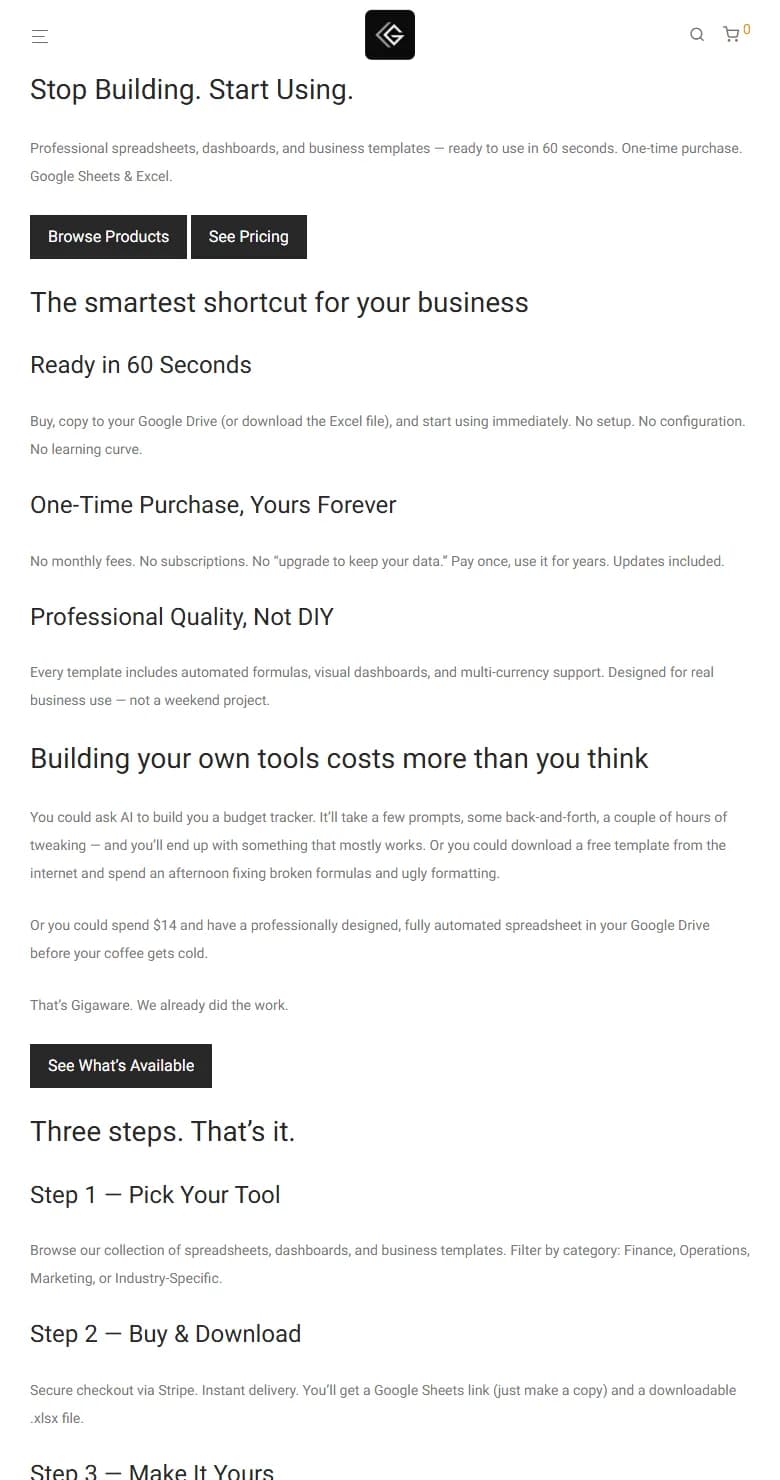 Gigaware homepage on a phone