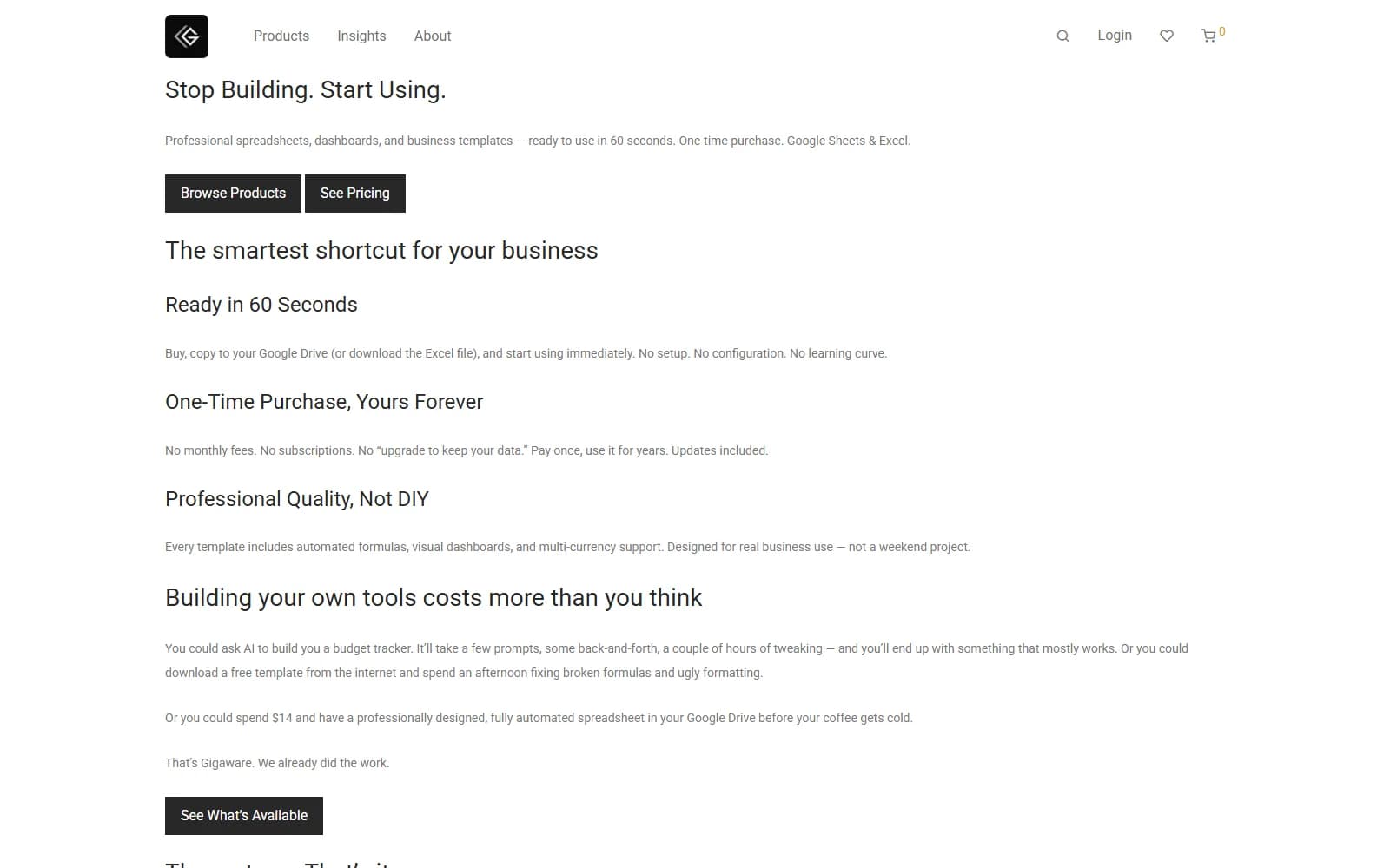 Gigaware homepage with the headline Stop Building. Start Using. and Browse Products and See Pricing buttons