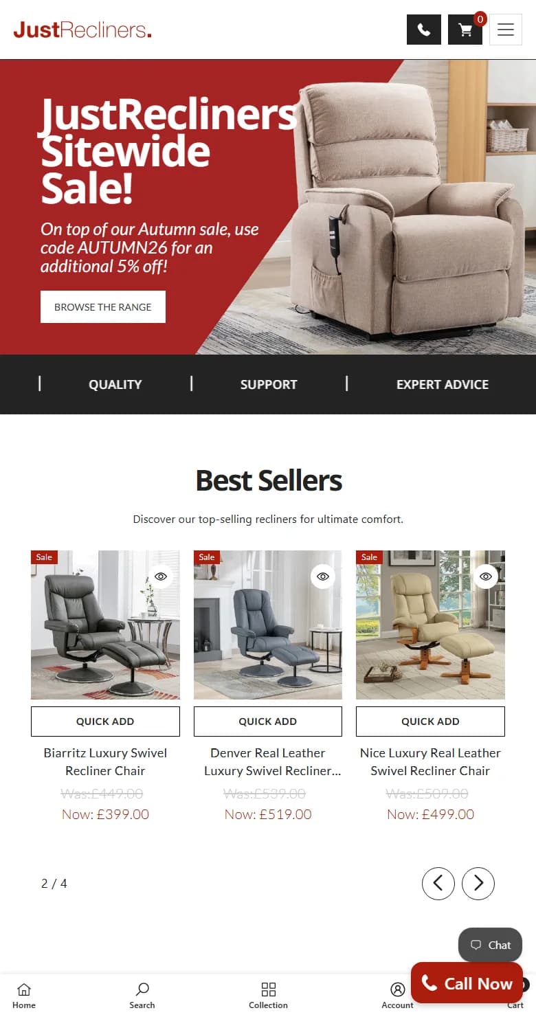 Just Recliners homepage on a phone