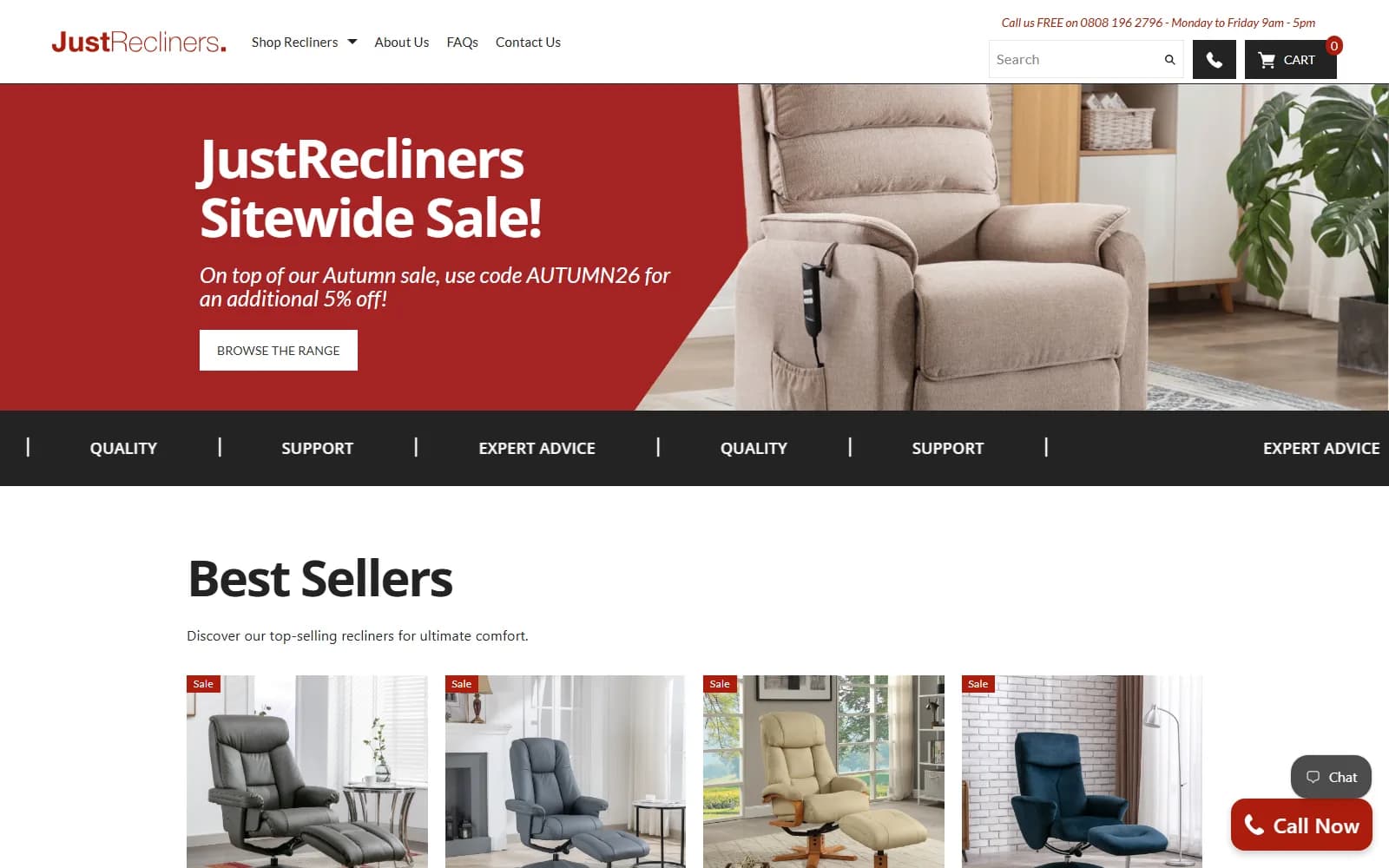 Just Recliners homepage with a sitewide sale banner, beige power recliner photo and best-sellers product grid