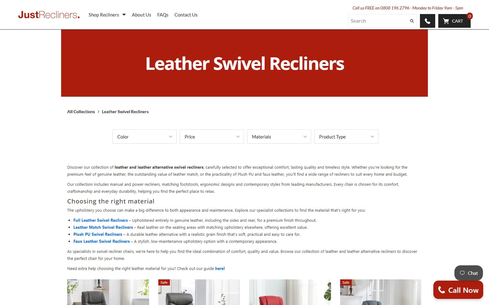 Just Recliners leather swivel recliners collection with material guide and product cards