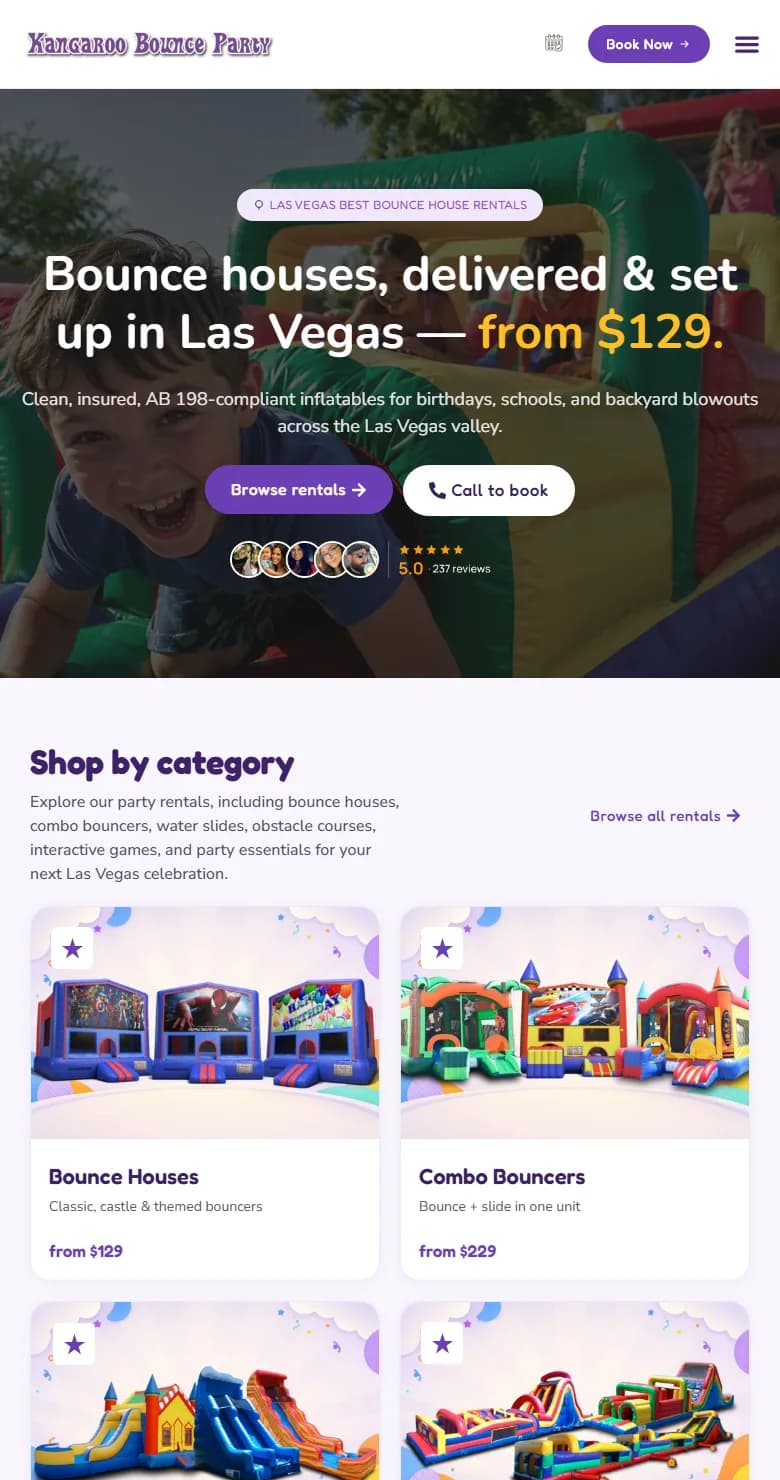 Kangaroo Bounce Party homepage on a phone