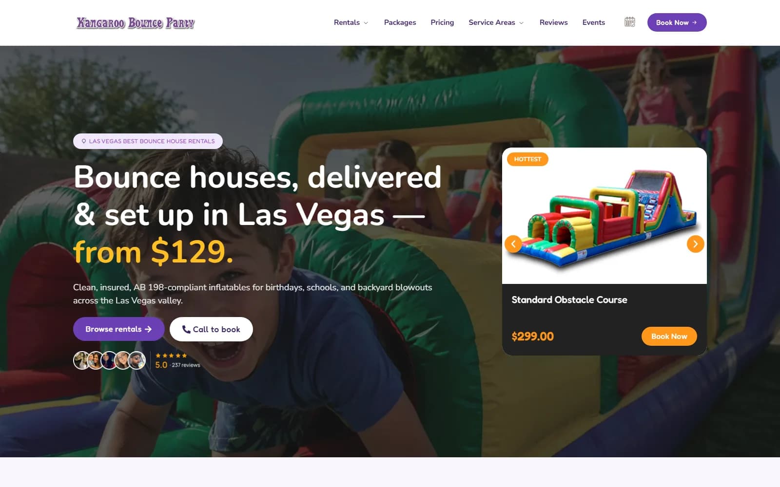 Kangaroo Bounce Party homepage with Bounce houses delivered and set up in Las Vegas from $129 and a featured Standard Obstacle Course at $299