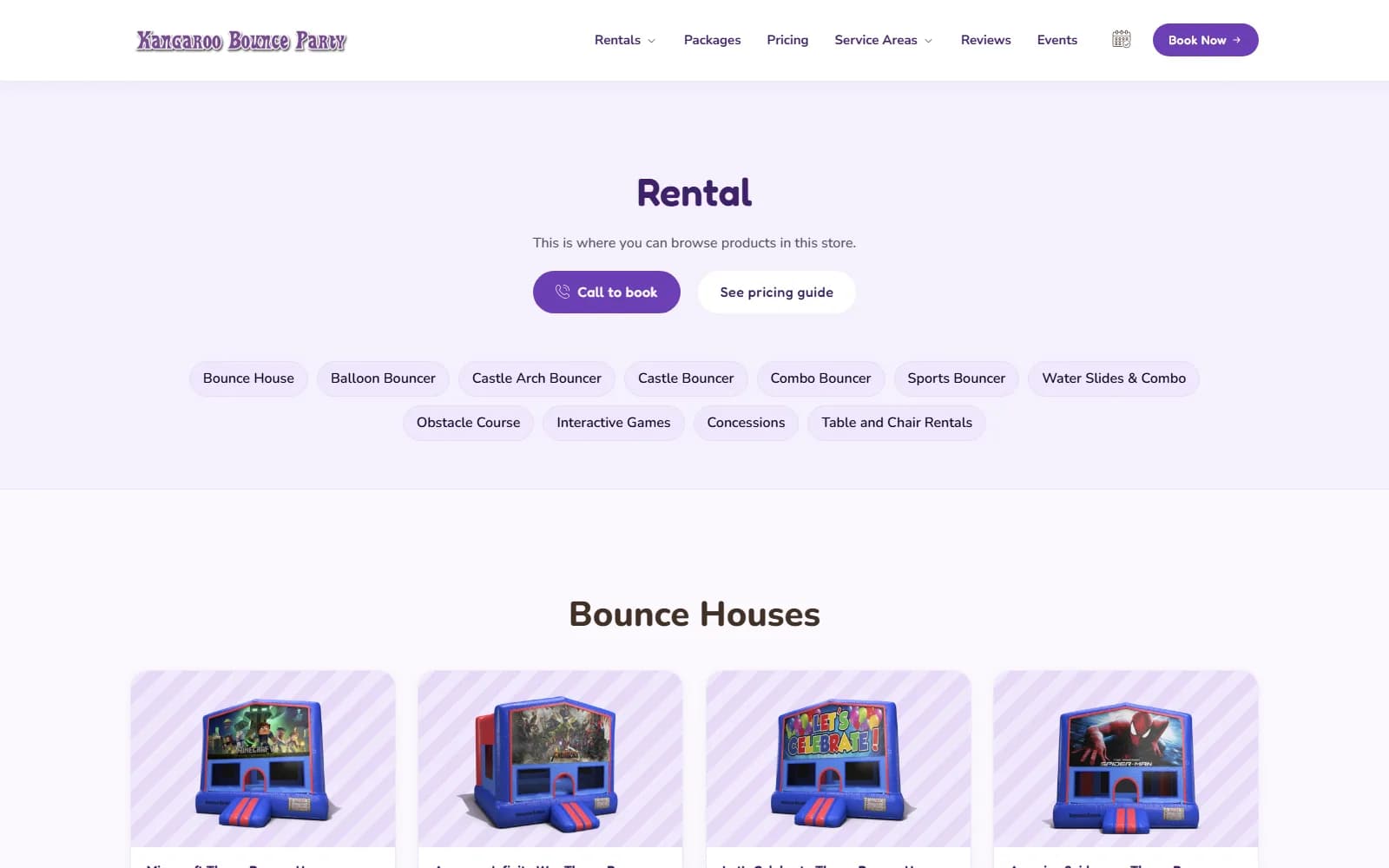 Kangaroo Bounce Party rental catalog of themed bounce houses priced from $129