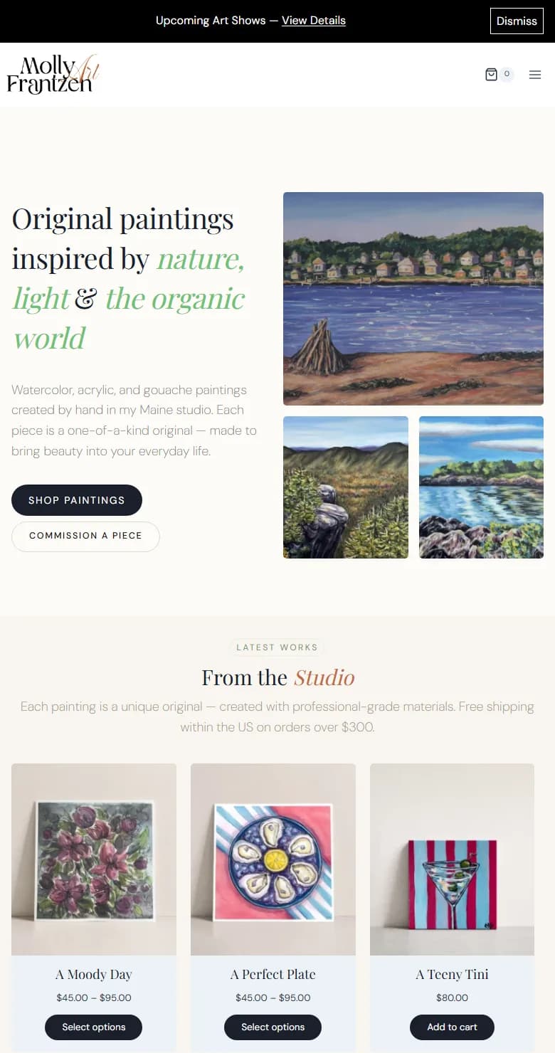 Molly Frantzen homepage on a phone