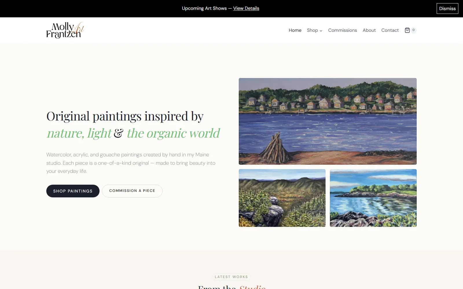 Molly Frantzen homepage with the headline Original paintings inspired by nature, light and the organic world beside coastal painting thumbnails