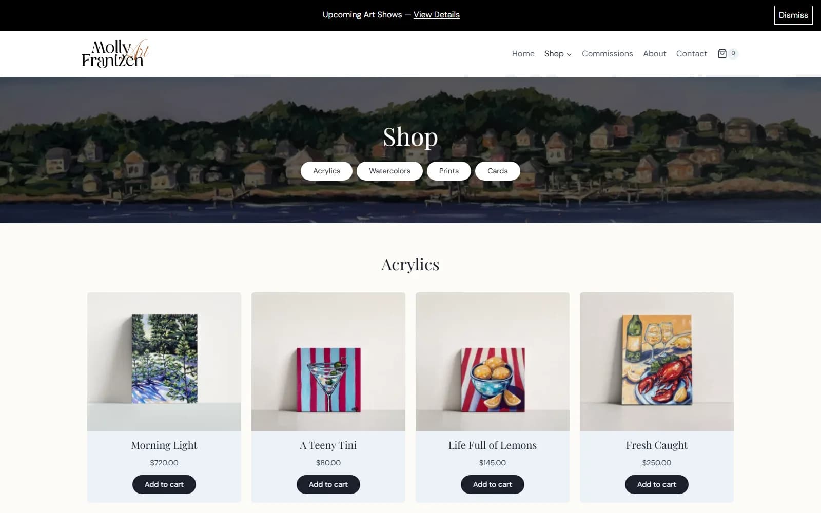 Molly Frantzen shop page listing acrylic originals with prices and Add to cart buttons