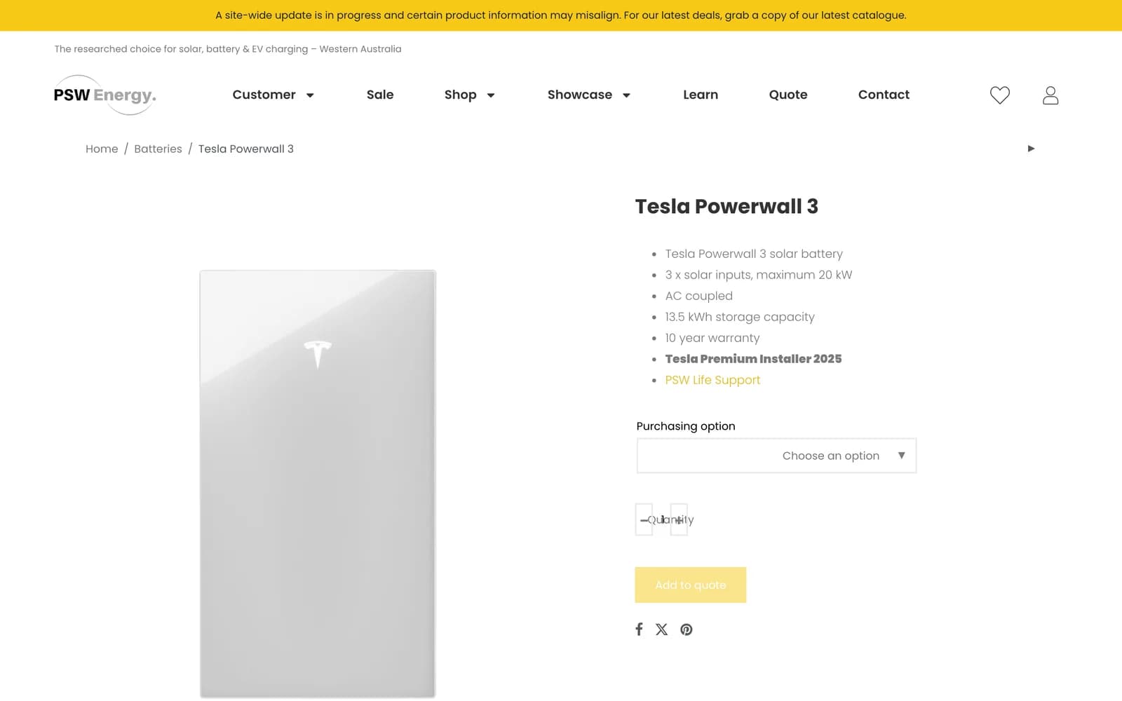 Tesla Powerwall 3 product page listing specs and a purchasing option selector