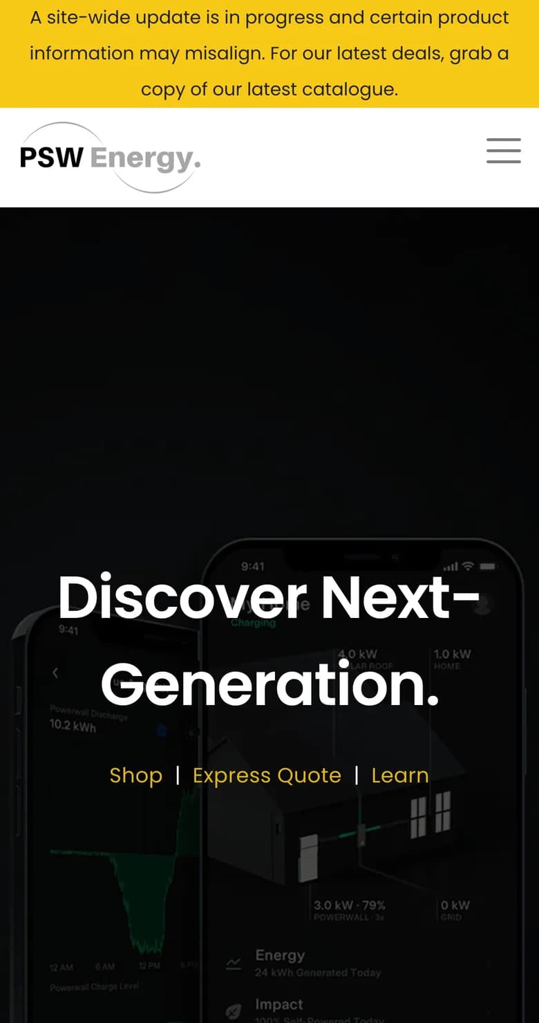 PSW Energy homepage on a phone