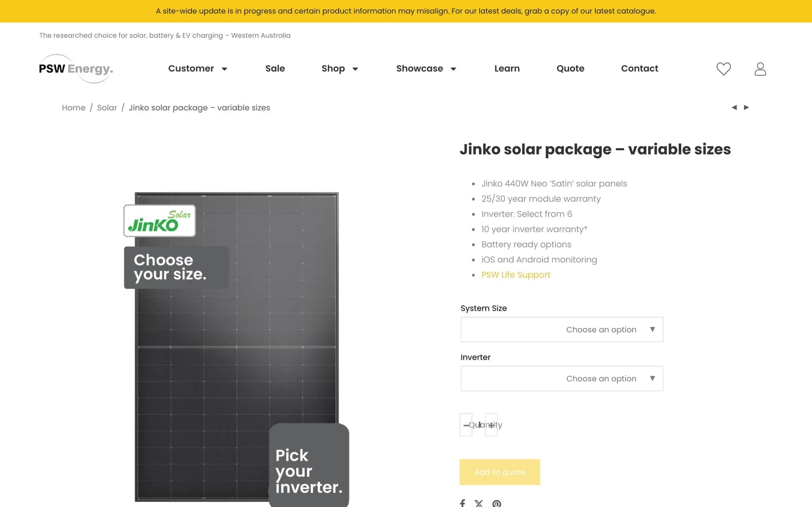 Jinko solar package product page with system size and inverter selectors and an Add to quote button