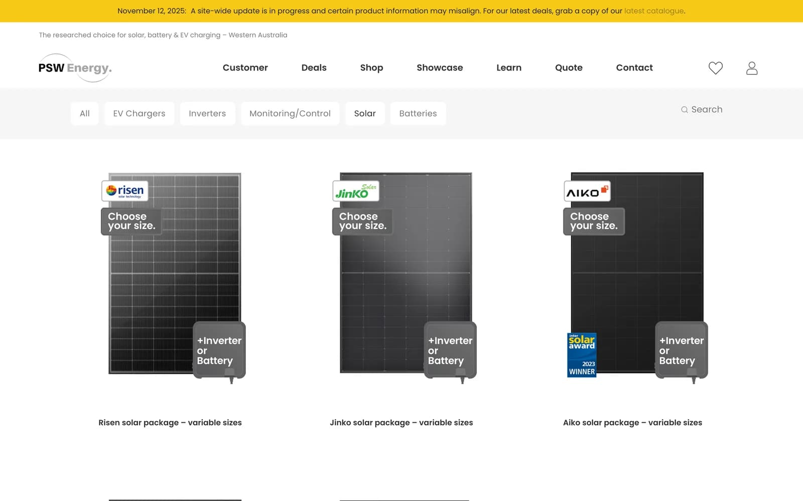 PSW Energy solar category with Risen, Jinko and Aiko solar packages and category filters