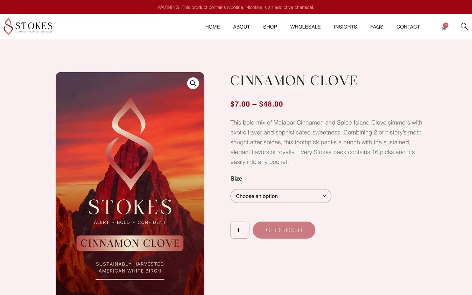 Stokes Cinnamon Clove product page with pack-size selector and nicotine warning banner